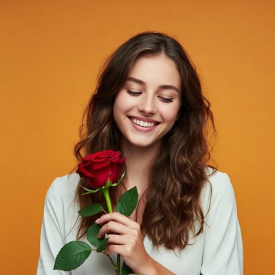 Smiling woman holding a rose