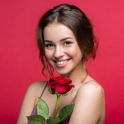 Smiling woman holding a rose