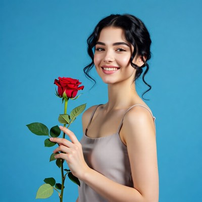 Smiling girl with red rose