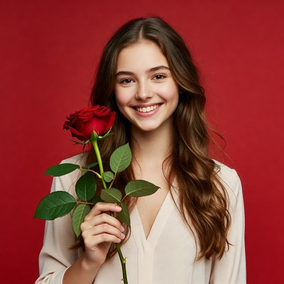 Smiling girl with red rose