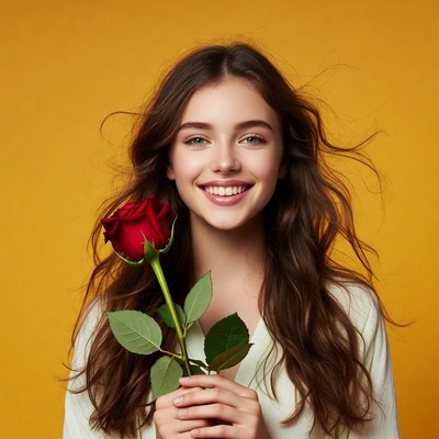 Smiling woman holds red rose