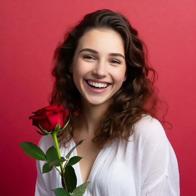 Smiling woman holds red rose