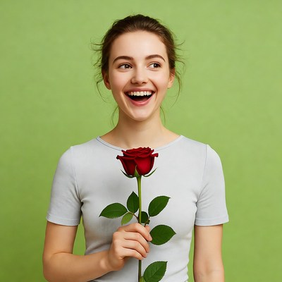 Woman smiling with rose in hand