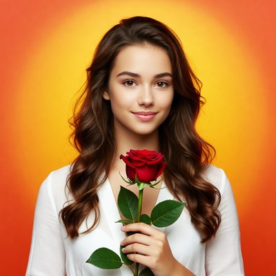 Woman holding red rose with warm background