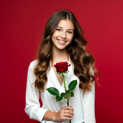 Smiling girl with red rose