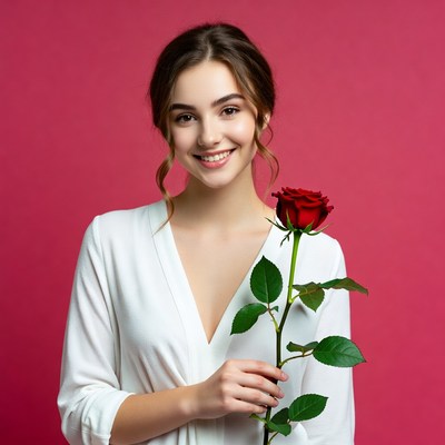 Young woman holding a red rose