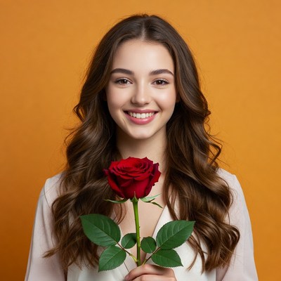 Smiling girl holds red rose