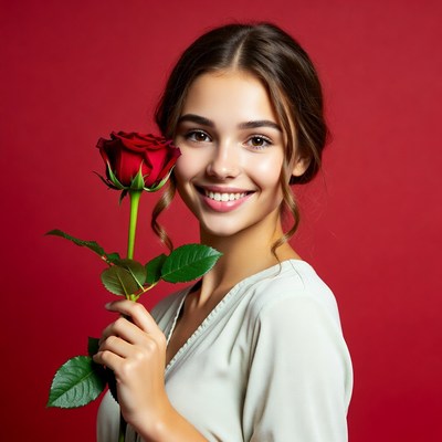 Smiling woman with rose against red backdrop