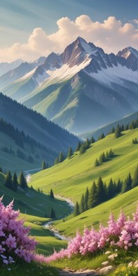 Mountain landscape with blossoms blooming