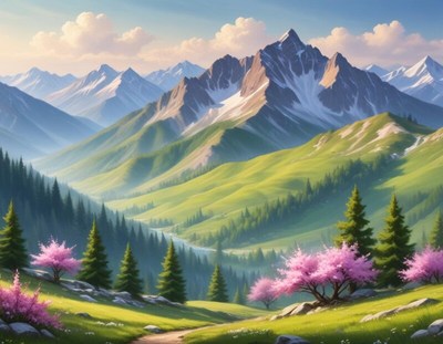 Scenic mountain landscape with cherry blossoms