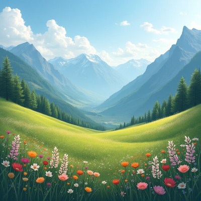 Beautiful mountain valley with flowers