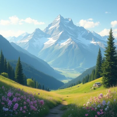 Scenic mountain landscape with flowers