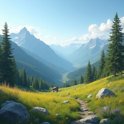 Scenic valley with mountains and wildflowers