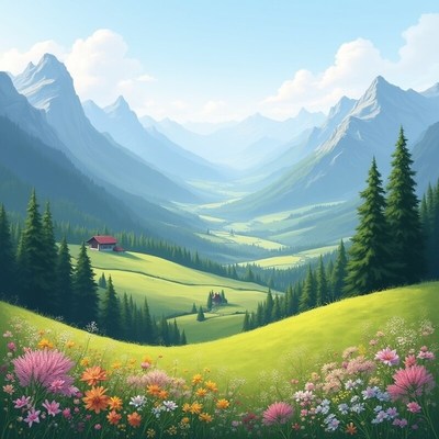 Scenic valley with mountains and flowers