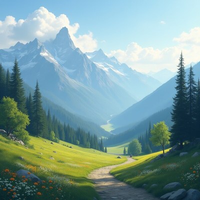 Scenic mountain valley in sunlight