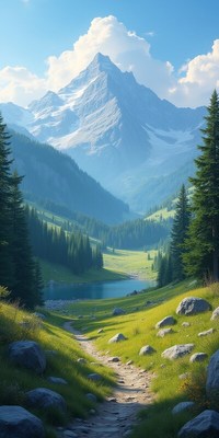 Scenic mountain valley with lake