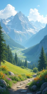 Scenic mountain valley with vibrant flowers