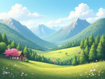 Serene mountain landscape with cottage