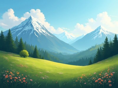 Snowy mountains and green valley scene