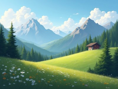 Scenic mountain landscape with cabin