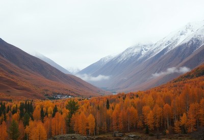 Autumn valley with snowy peaks