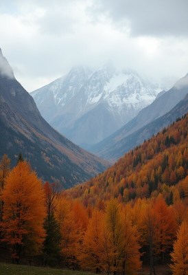 Autumn mountains with snowy peaks