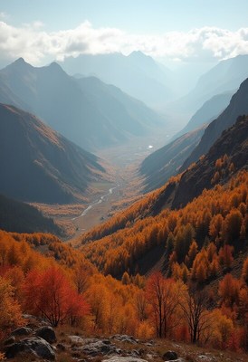 Autumn valley with mountains view