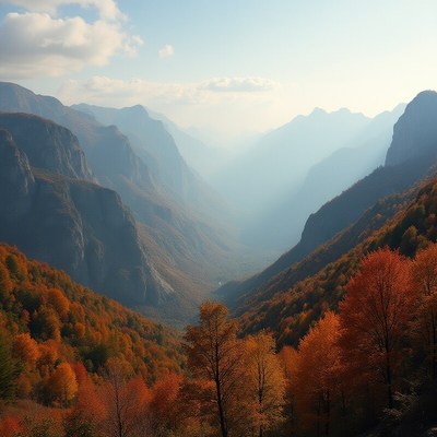Autumn valley in misty mountains