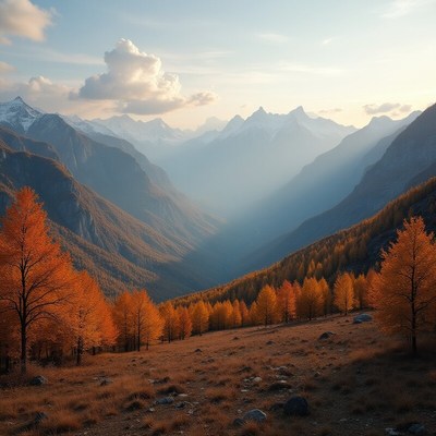 Mountain valley with autumn colors in sunset