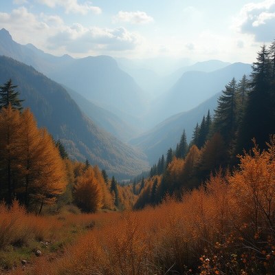 Autumn valley view with colorful trees