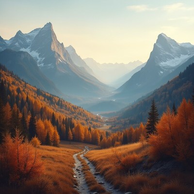 Autumn valley with mountains view
