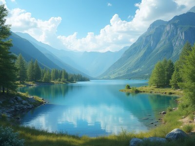 Serene lake in mountain valley