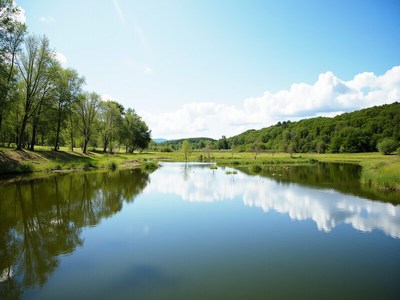 Calm lake reflecting blue skies