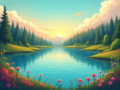 Serene lake at sunrise in nature