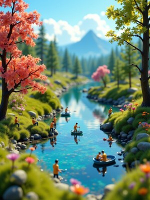 Colorful kayakers in tranquil river