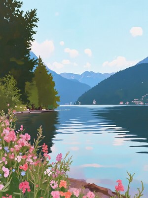 Scenic lake view with flowers