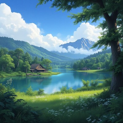 Tranquil lake near mountains and forest
