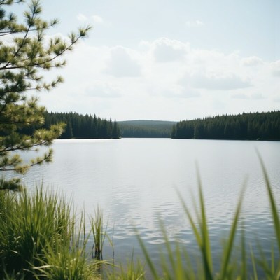 Calm morning at a forest lake