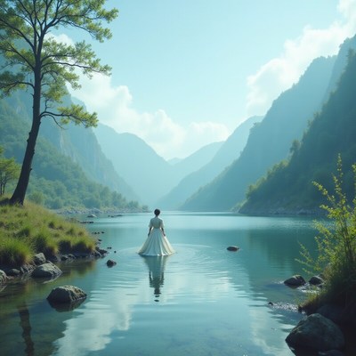 Woman in white dress at serene lake