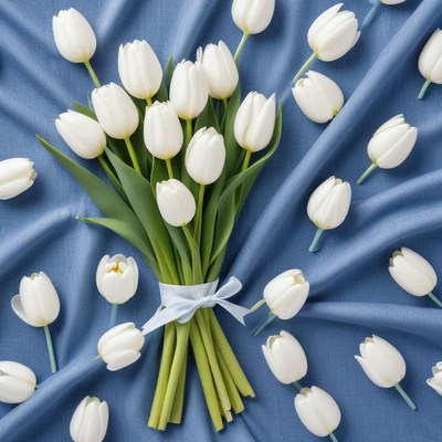 White tulips on blue fabric