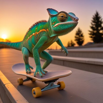 Chameleon skateboarding at sunset