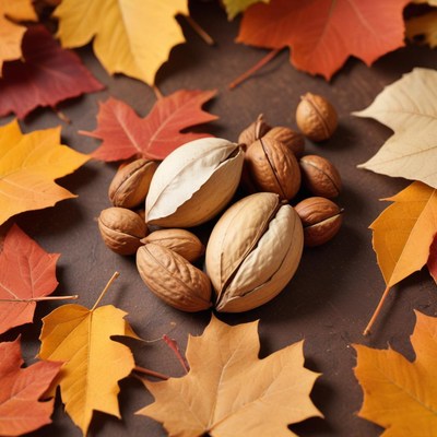 Autumn nuts with colorful leaves