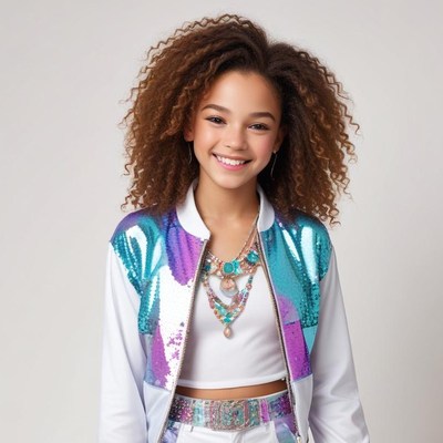 Young girl in colorful outfit smiling