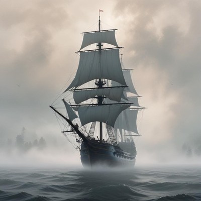 Majestic ship sails through fog