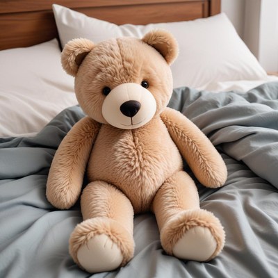 Soft teddy bear in cozy bedroom