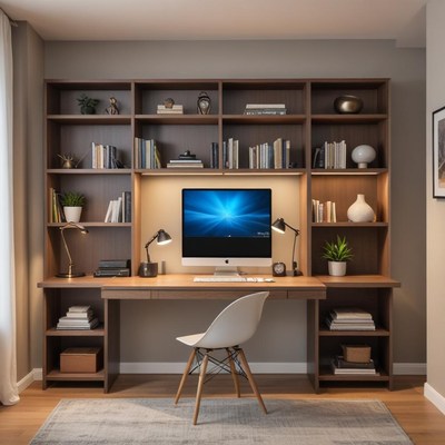 Modern home office setup with bookshelves