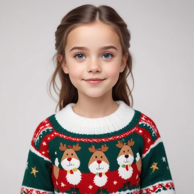 Child in festive sweater smiling joyfully
