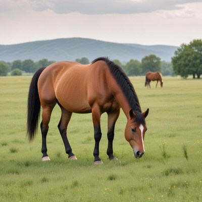 Horses grazing in green pasture