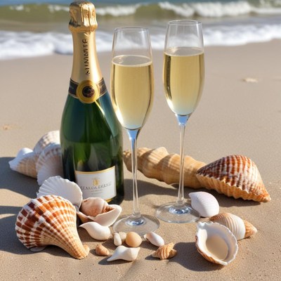 Beach celebration with champagne and seashells