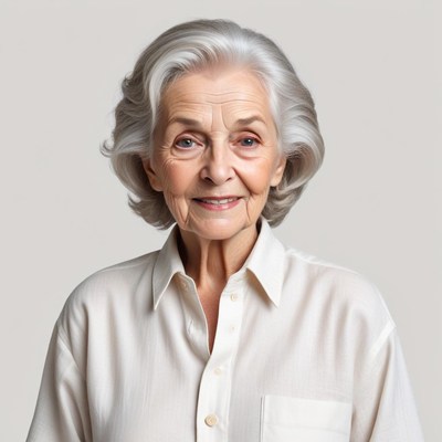 Elderly woman smiling softly indoors